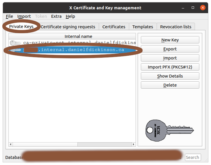Main screen with 'Private Keys' selected and circled and a private key circled