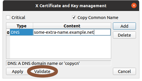x509v SAN dialogue with 'Validate' button circled