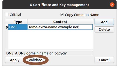 x509v SAN dialogue with 'Validate' button circled