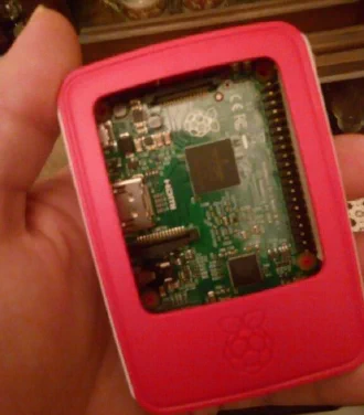 Official Raspberry Pi case showing circuit board, held in a human hand