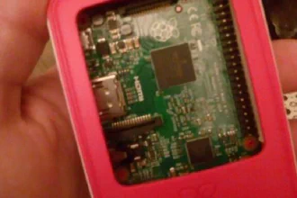 Raspberry Pi 2 in an official strawberry red and white case in the palm\nof a human hand, with top cover removed and Pi 2 circuit board showing\n