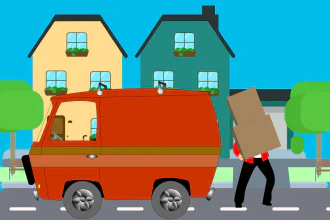 Illustration of a moving van in front of two houses, and a person hidden\nby the boxes they are carrying\n