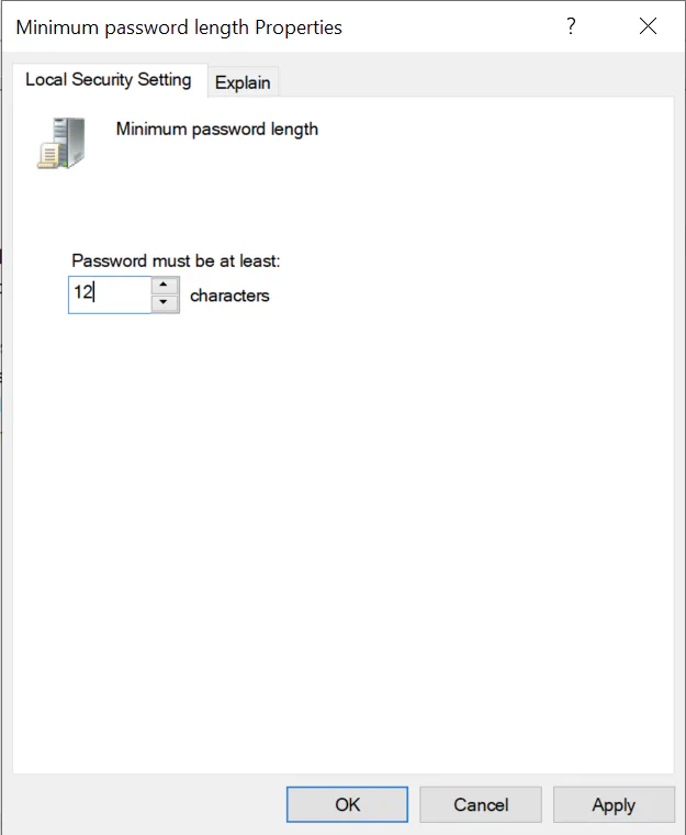 Local Security Policy opened to Account Policy|Password Policy|Minimum
password
length