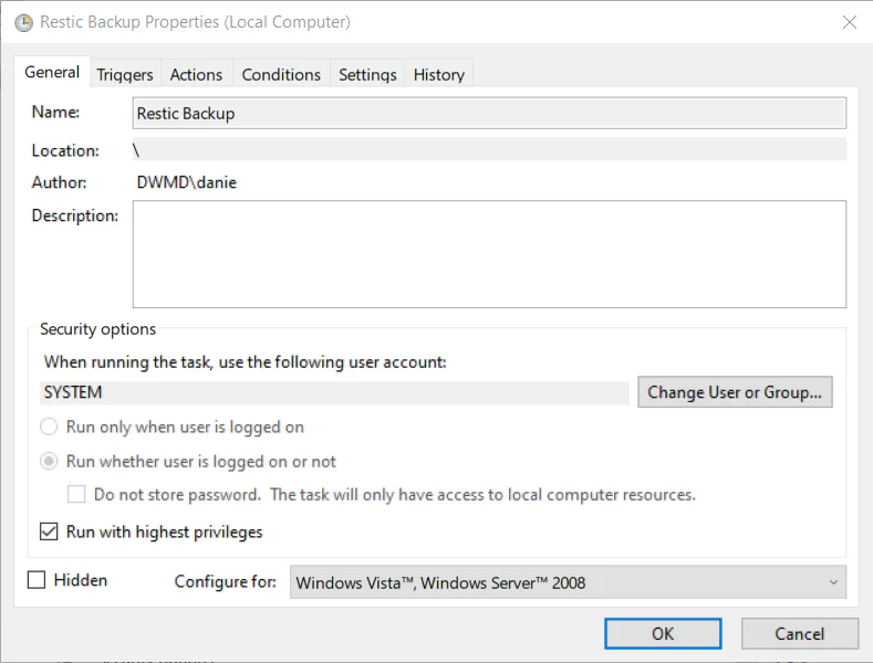 Task Scheduler, creating ‘Restic Backup’ task, on the General
tab