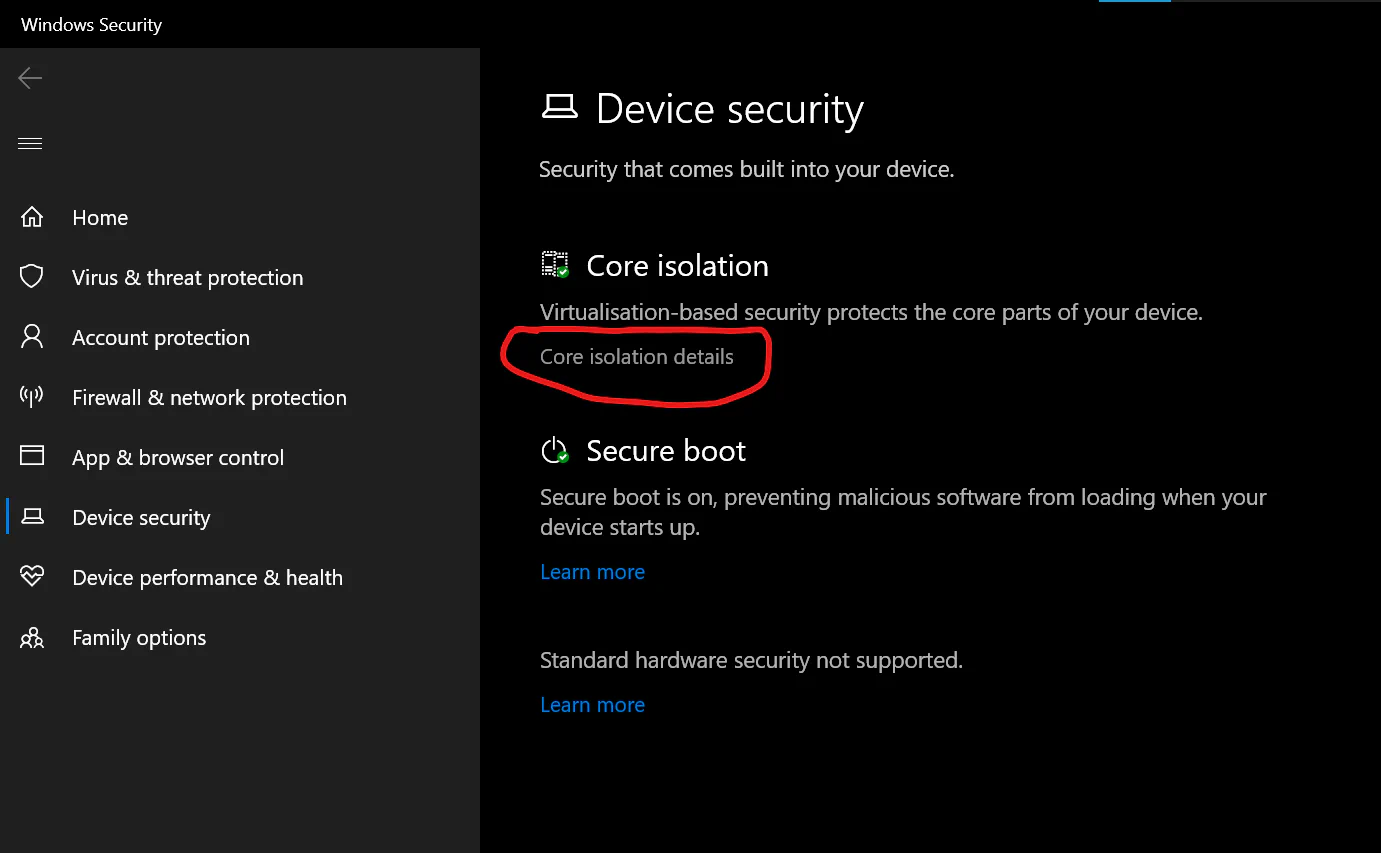 A snapshot of the ‘Device Security’ page in ‘Windows Security’