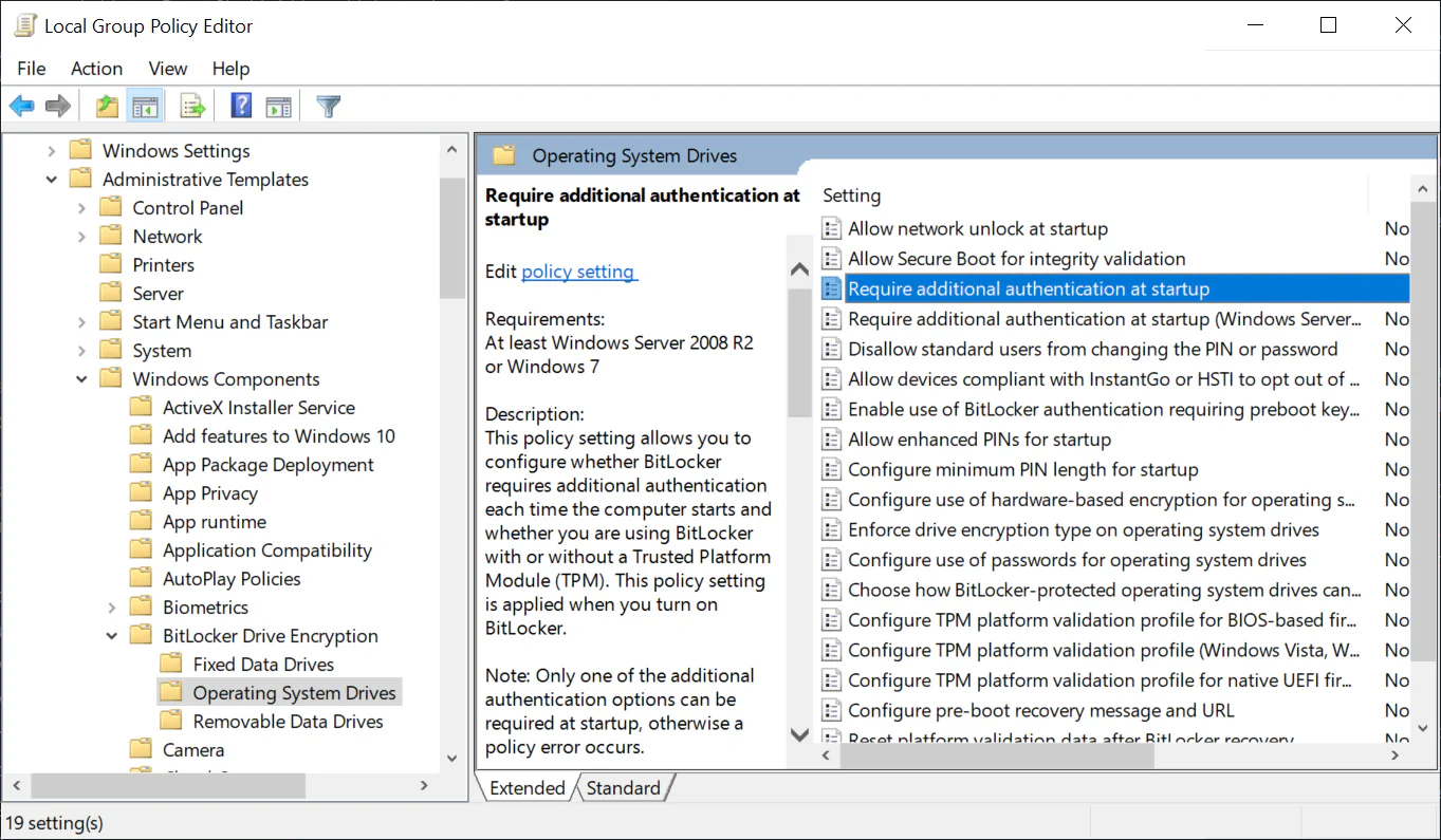 Administrative Templates|Windows Components|Operating System Drives|Require additional authentication at startup