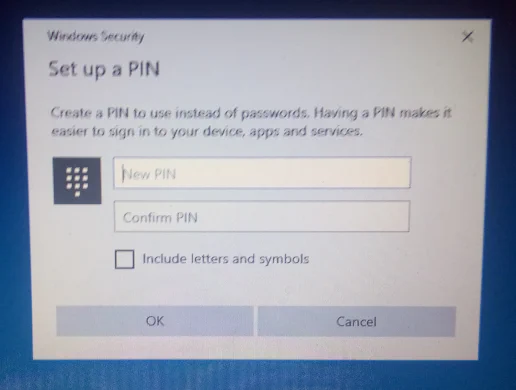 PIN creation and confirmation dialogue